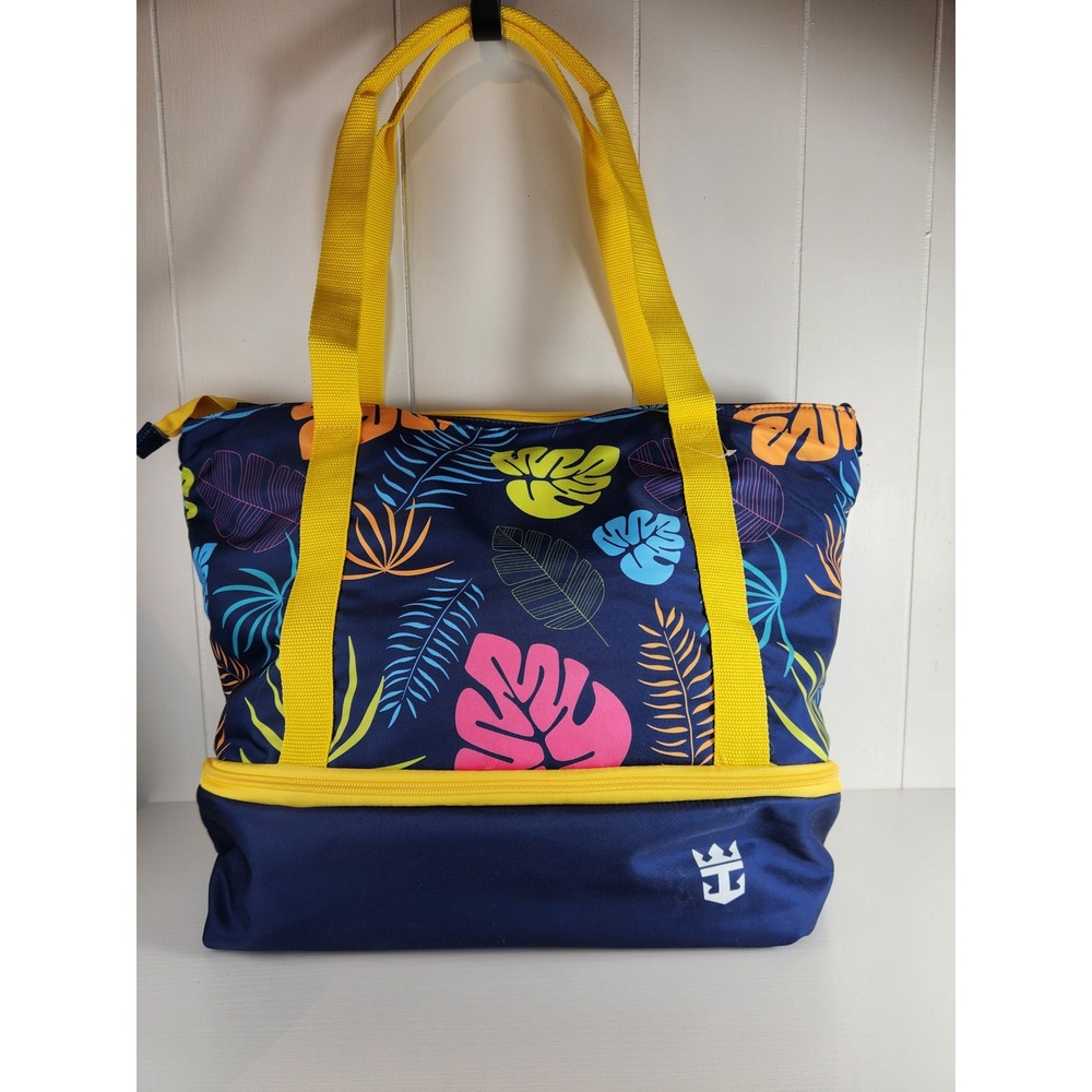 Royal Caribbean Beach Bag Tote Tropical Leaf Bag Navy Blue Yellow Travel